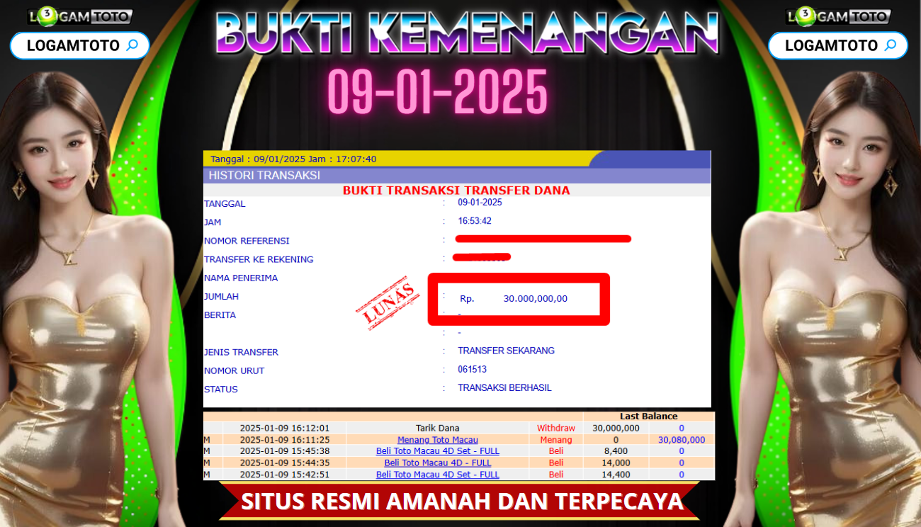 SELAMAT KEPADA MEMBER SETIA LOGAMTOTO BERHASIL JACKPOT DI PERMAINAN TOGEL TOTO MACAU 4D SEASON 2